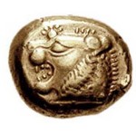 A 640 BCE one-third stater electrum coin from Lydia.